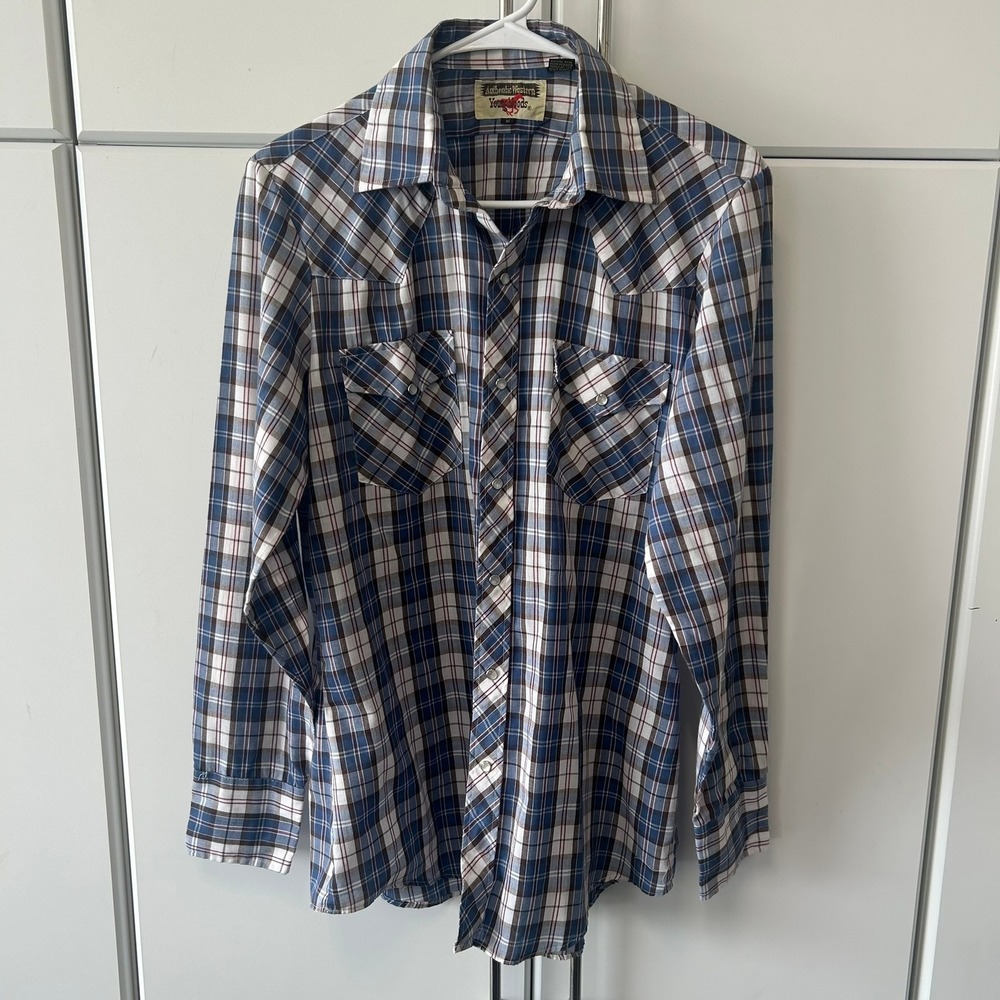Authentic Western Youngbloods Mens Blue Plaid Pearl Snap Shirt‎ Long Sleeve